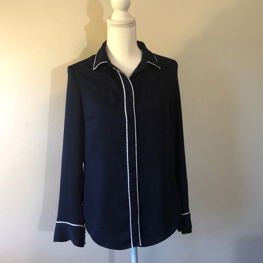 H&M Navy Blouse with White Trim - Size 6